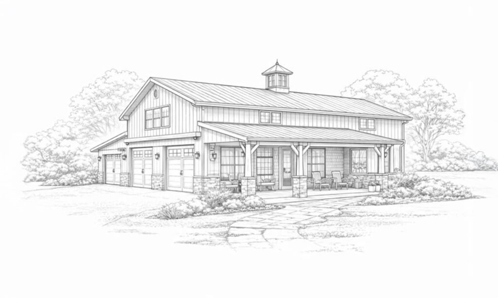 Detailed rendering showing layout and proportions of a garage workshop design