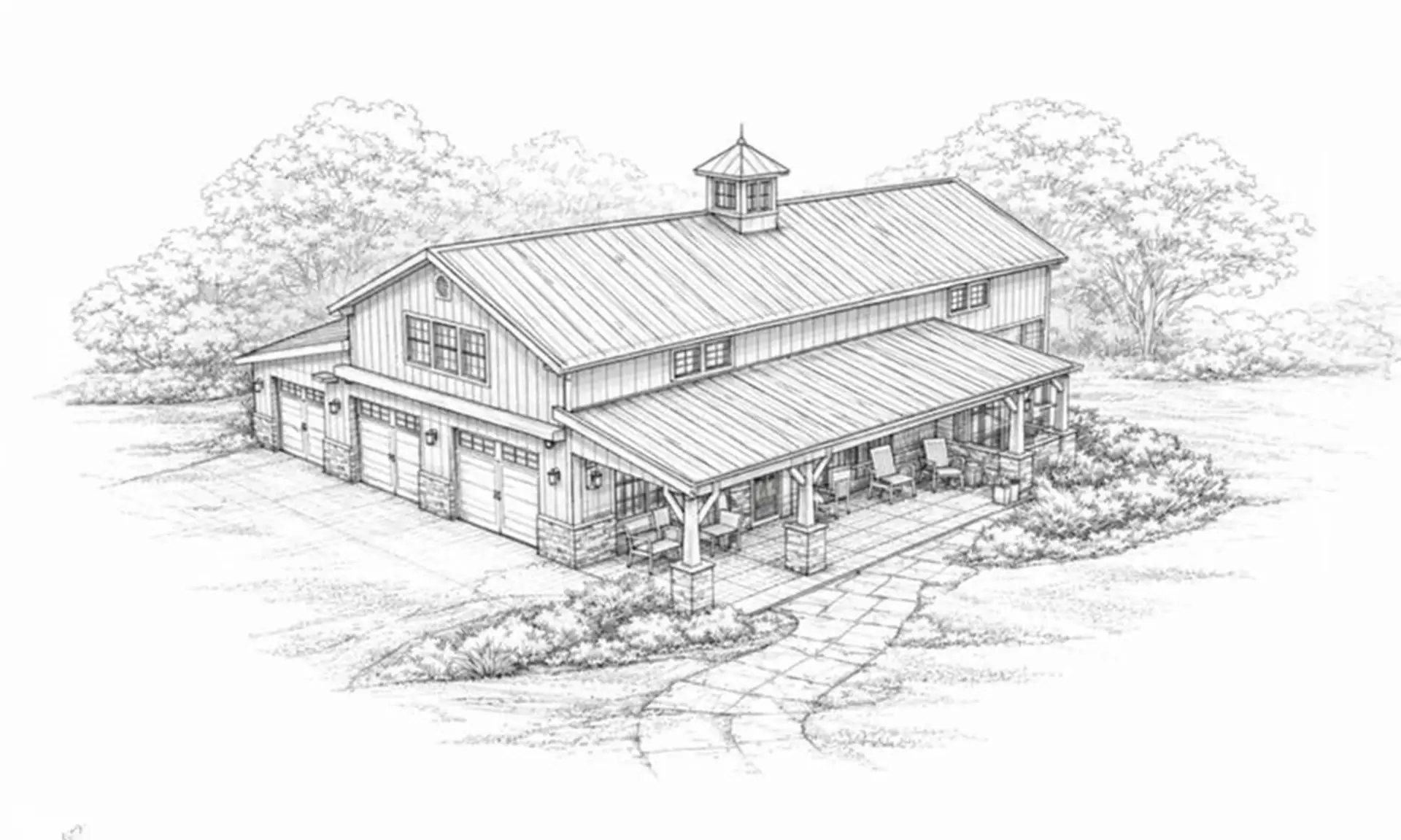 Architectural rendering of a custom garage and workshop building