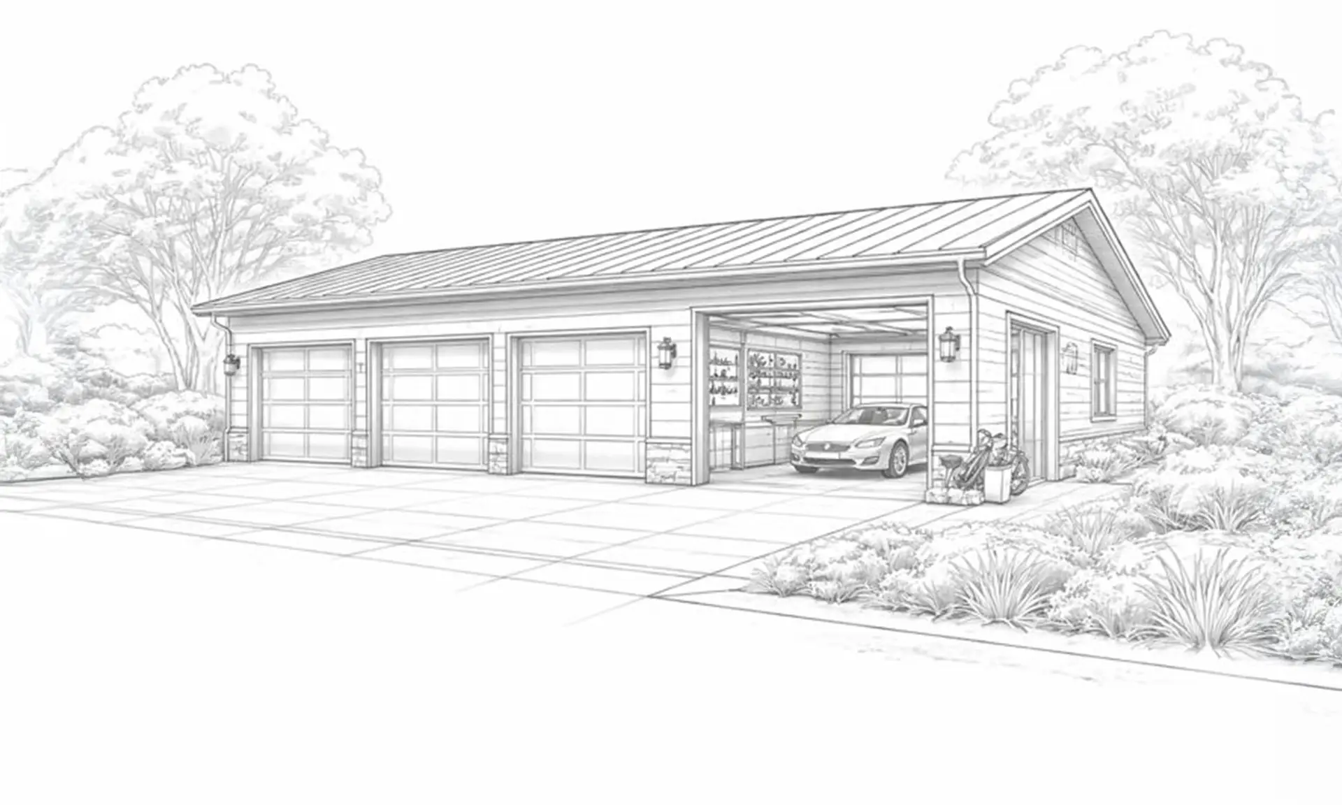 Concept drawing showing garage and workshop layout and vehicle storage
