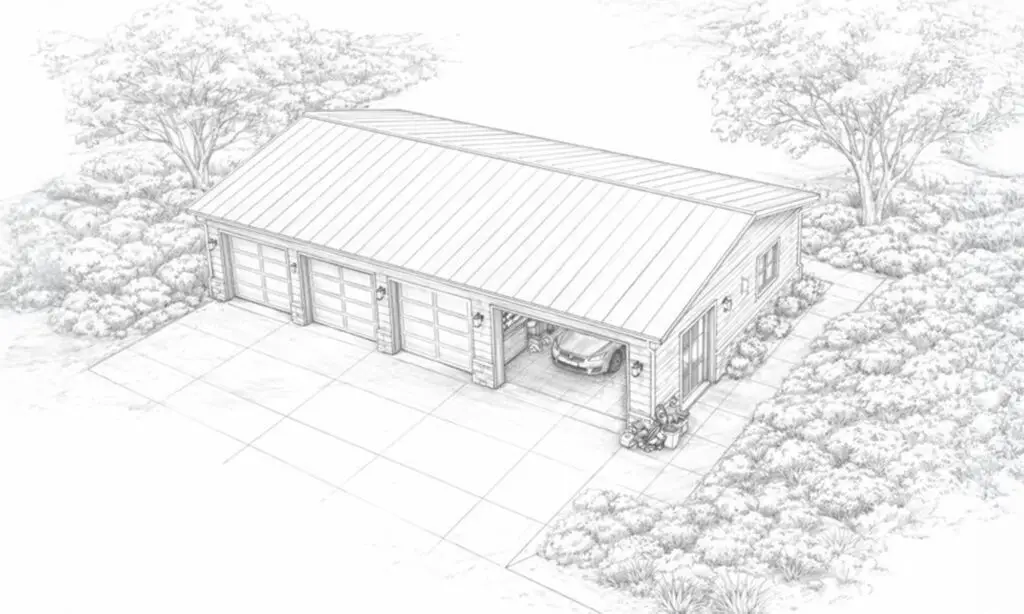 Perspective concept drawing of custom garage and workshop design