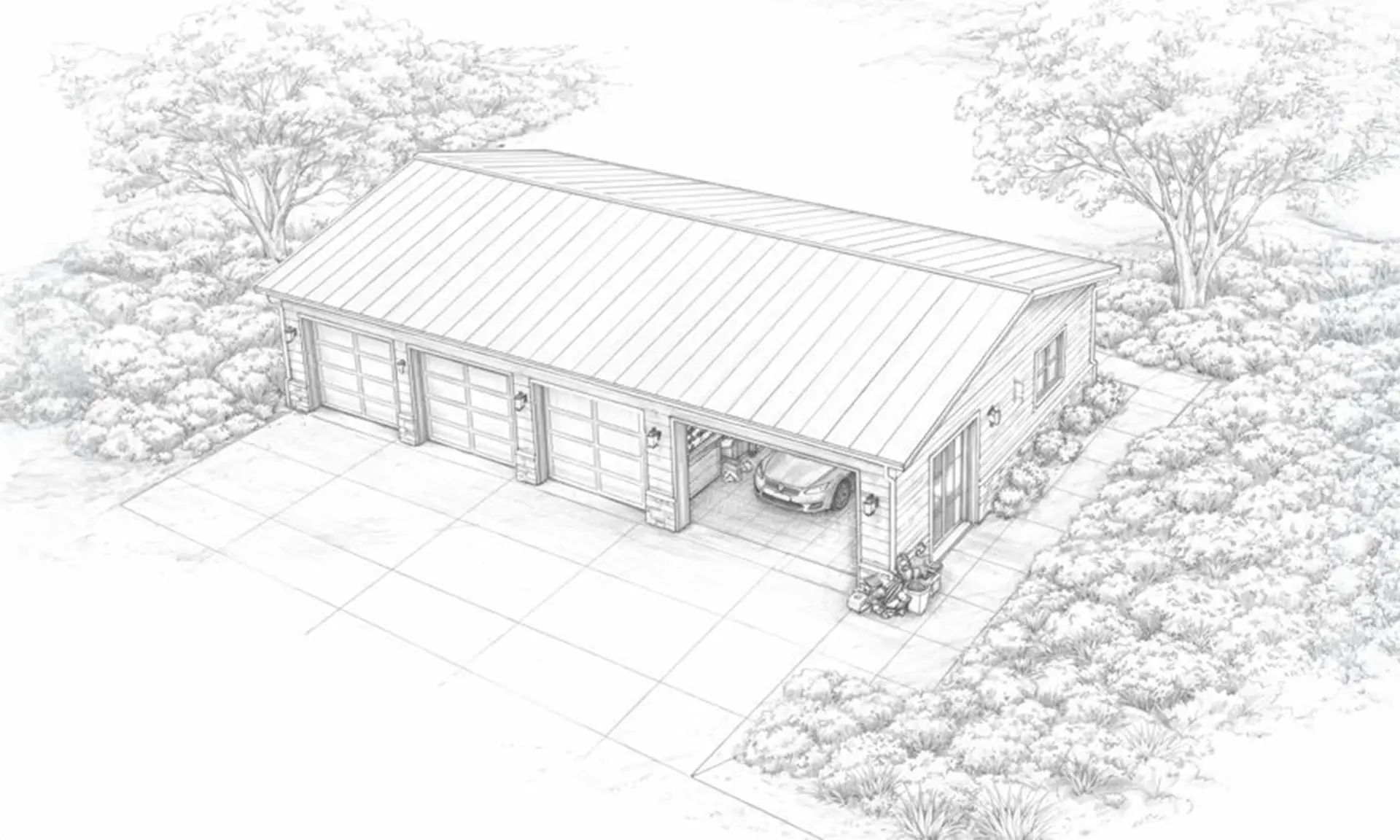 Perspective concept drawing of custom garage and workshop design