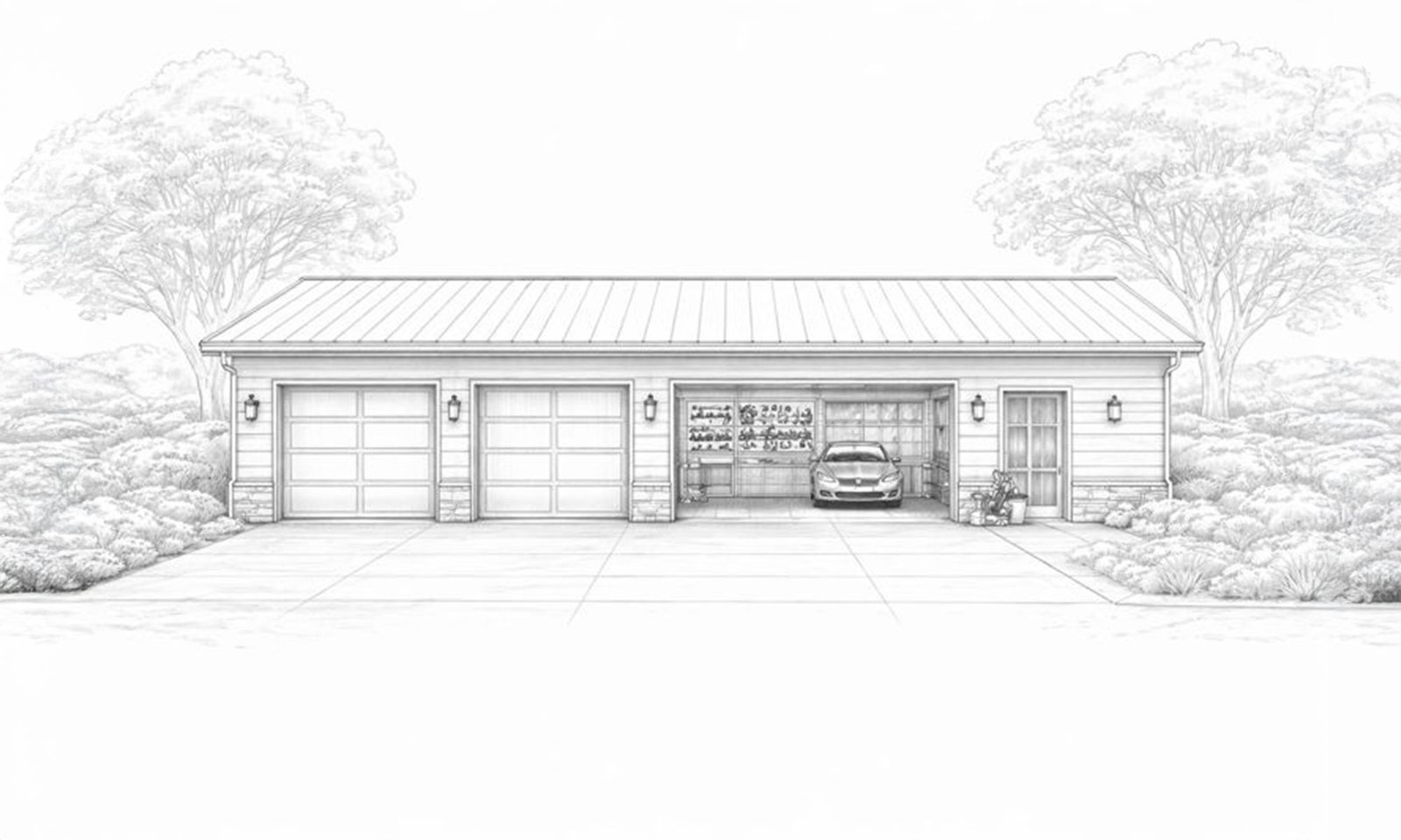 Concept drawing of custom garage and workshop with three-bay frontage