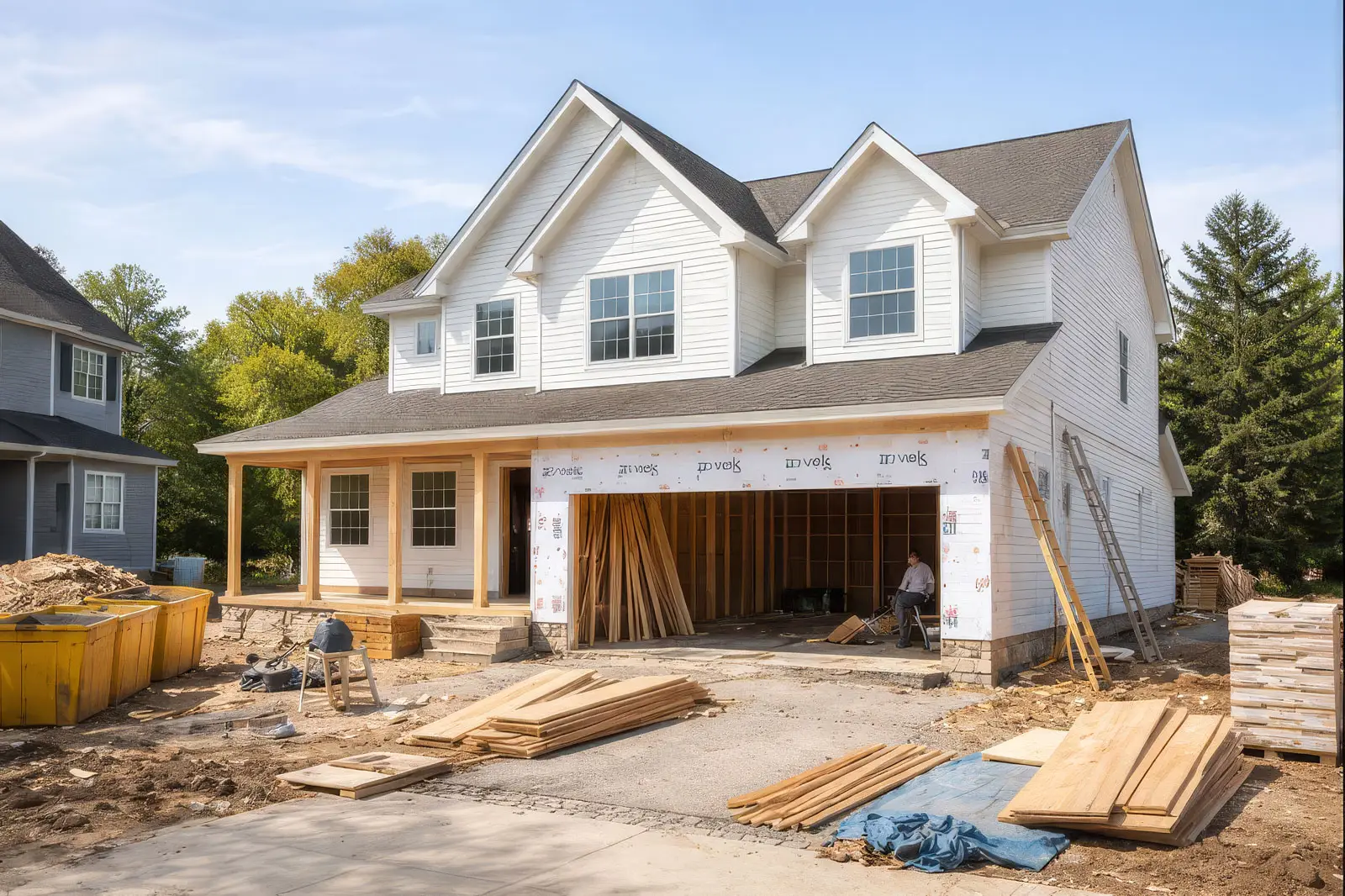 Residential home under construction showing framing, materials, and active site conditions
